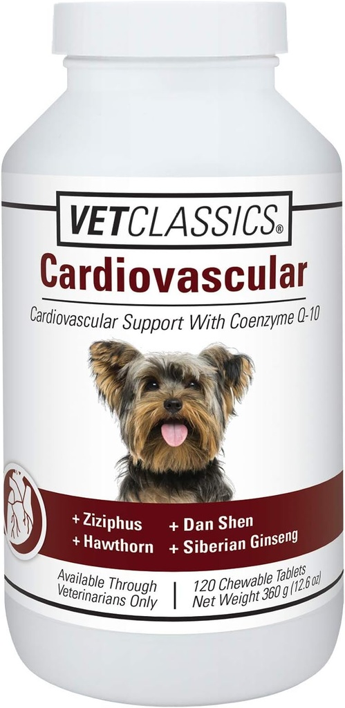 Vet Classics Support cardiovasculaire avec Coenzyme Q-10 pour chiens, Supports Système cardiovasculaire avec Ziziphus, Dan Shen, Hawthorn, & Sibérie Ginseng, 120 comprimés à croquer