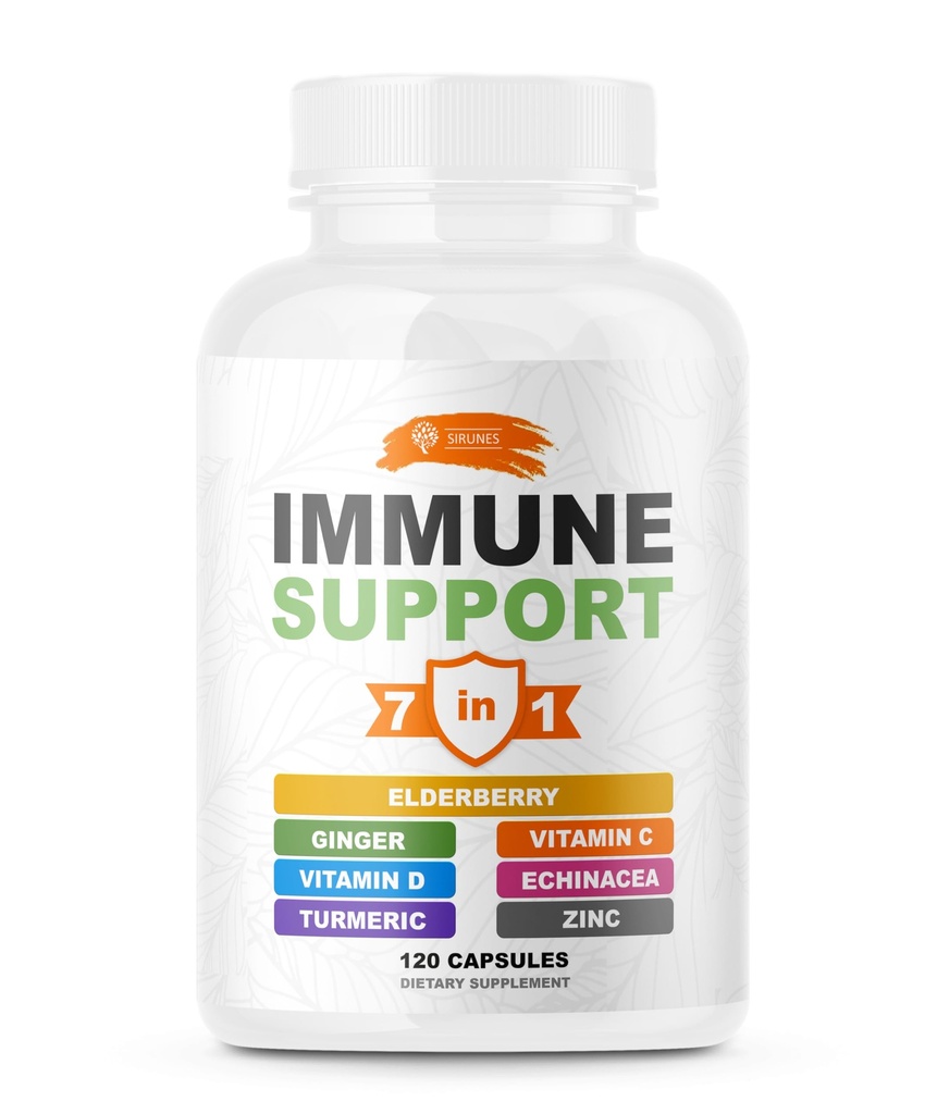 SIRUNES Immune Booster - Immunity Support Multivitamine - Vitamine C et D3, Elderberry, Zinc, Echinacea, Ginger, Turmeric - Antioxydant, Énergie et Vigor, Cerveau Boost (Immune Support Capsules)