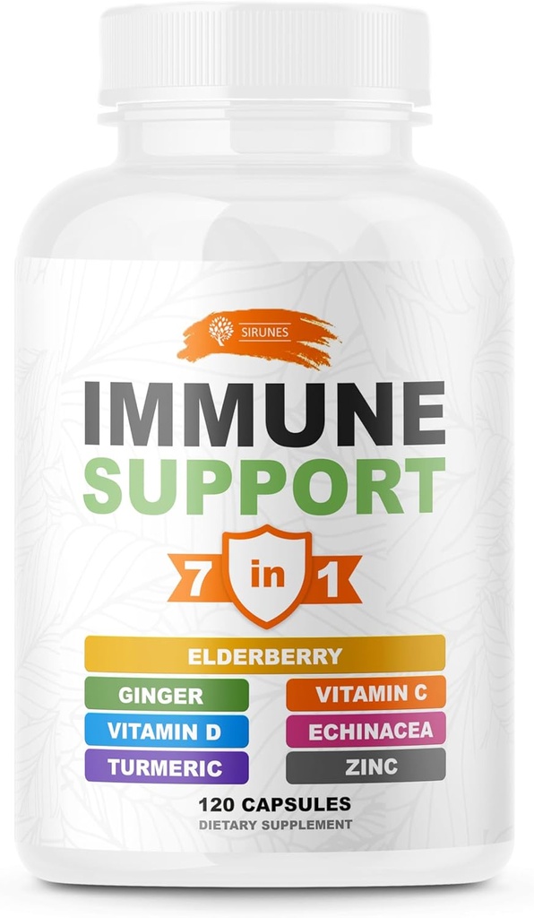 SIRUNES Immune Booster - Immunity Support Multivitamine - Vitamine C et D3, Elderberry, Zinc, Echinacea, Ginger, Turmeric - Antioxydant, Énergie et Vigor, Cerveau Boost (Immune Support Capsules)