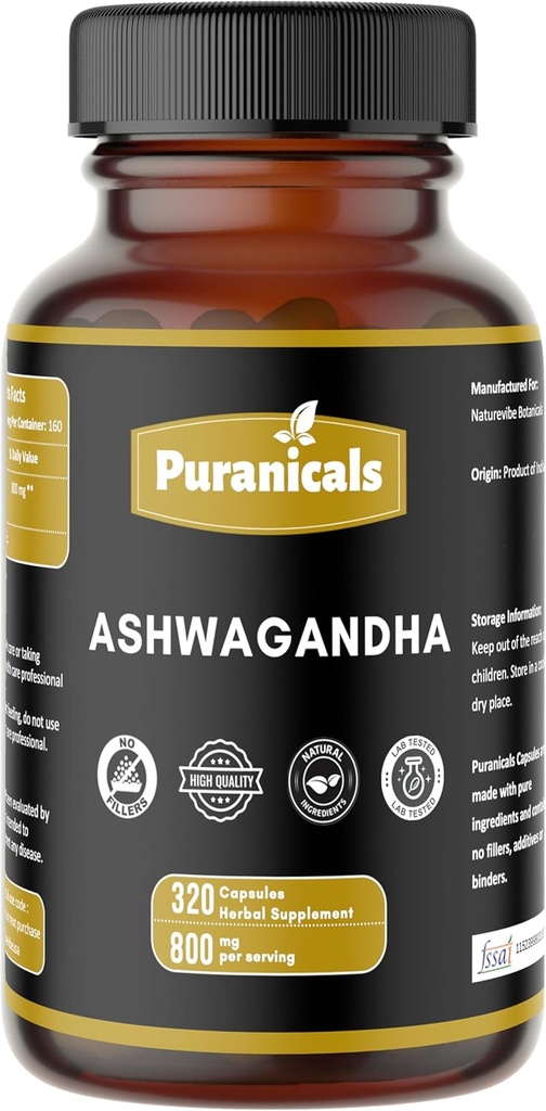 Ashwagandha Premium 320 Capsules Sans OGM et sans gluten Supplément à base de plantes de 800 mg par portion