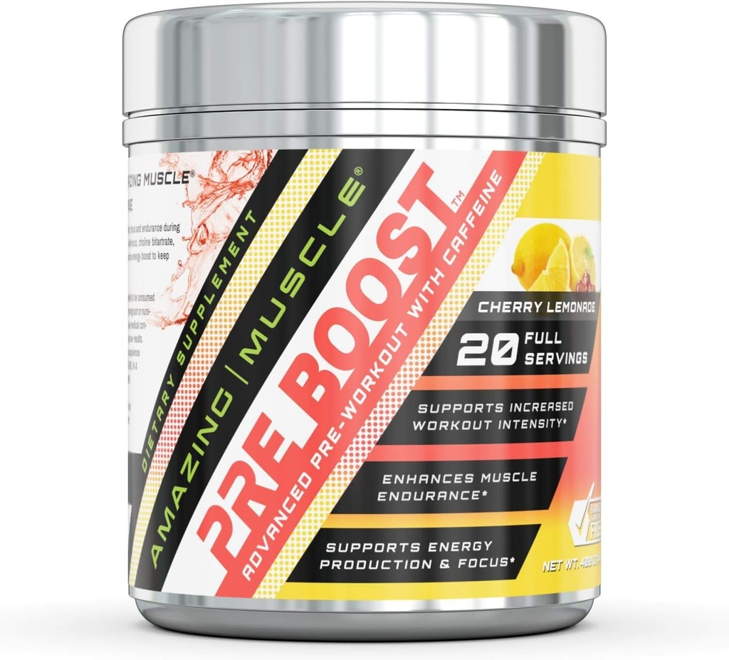 Amazing Muscle Pre-Boost Pre Workout Formula with Caffeine | 422 G Per Container | 20 Servings | Cherry Lemonade Flavor