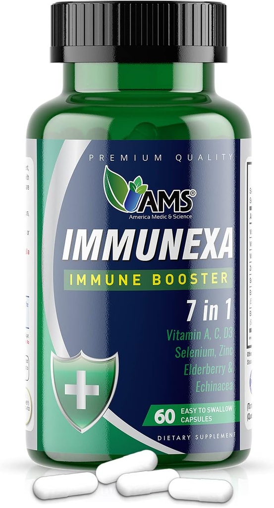America Medic & Science Immunexa 7 in 1 Immune Support Booster (60 Capsules) avec Vitamine A, C, D, Zinc, Echinacea, Elderberry.