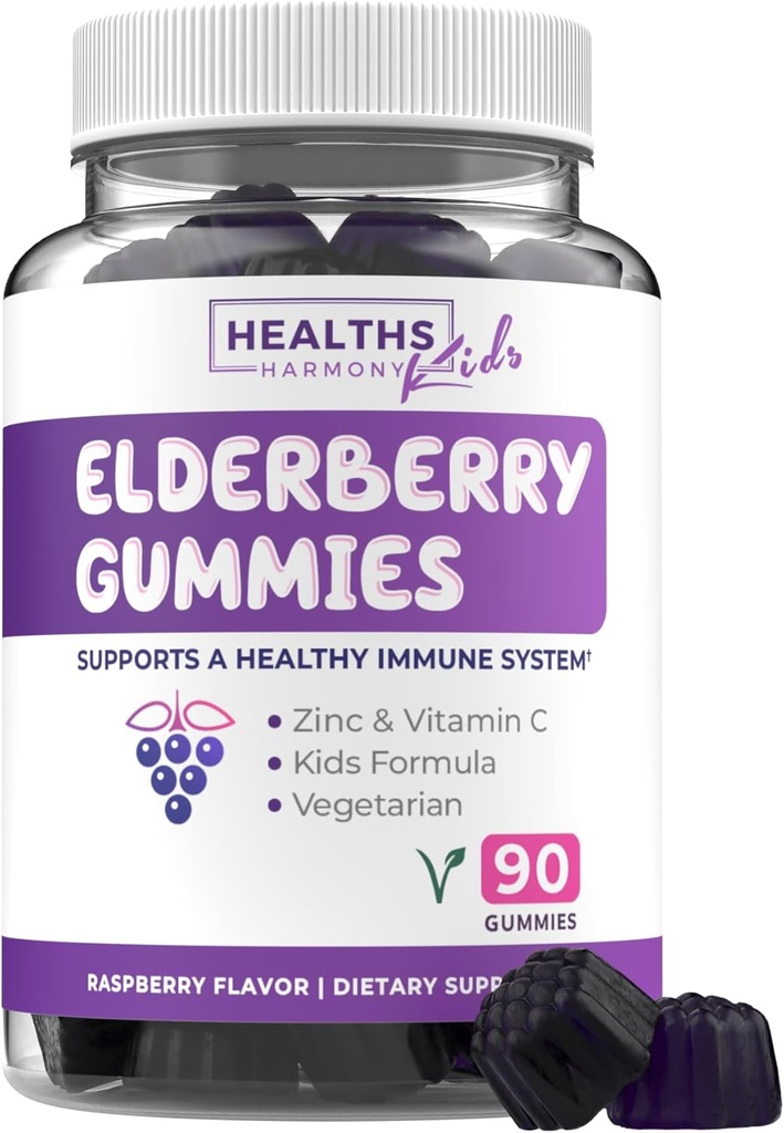 Sambucus Gummies pour les enfants - Gummies de soutien pour les enfants avec vitamine C et zinc pour le mieux-être quotidien et saisonnier - Vegan non-OGM et laboratoire vérifié (3 mois d'approvisionnement)