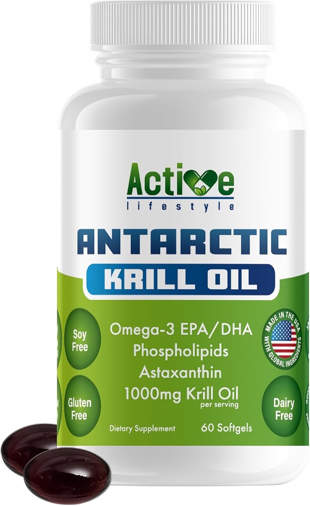 Mode de vie actif supplément d'huile de krill antarctique, haute absorption EPA, DHA, Astaxanthin & Phospholipide, Krill rouge, sans OGM, sans gluten, sans soja, sans lait, laboratoire testé, fabriqué aux États-Unis