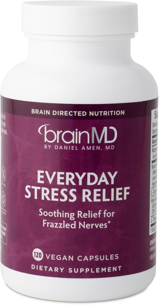 Dr Amen BrainMD Soulagement quotidien du stress - 120 capsules, paquet de 2 - favorise la relaxation et la focalisation - non somnolence - sans gluten - 60 portions totales