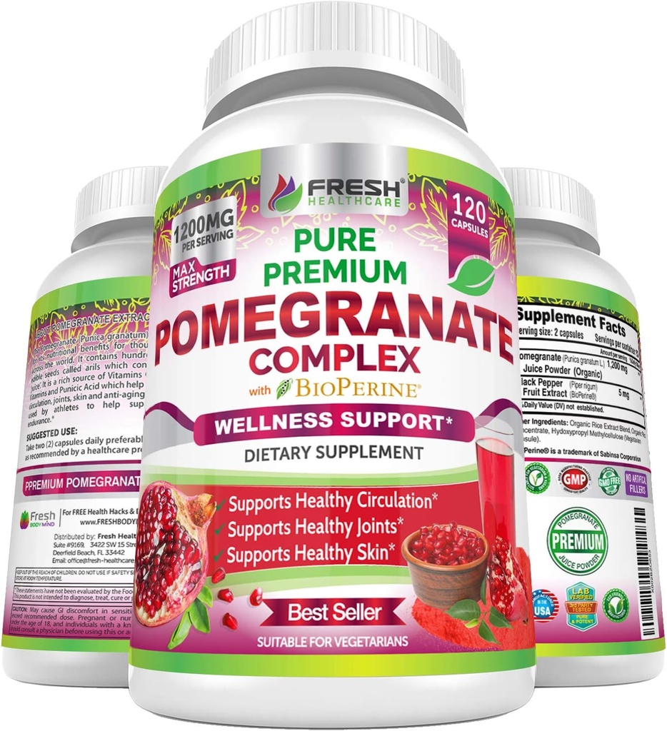 Supplément de poudre de jus de grenade Premium 1200mg, soutient la pression artérielle saine, les articulations, la peau et l'antivieillissement avec poivre noir biopérine, puissant antioxydant avec vitamine C & K, 120 capsules végétaliennes