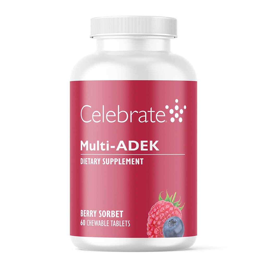Célébrez les vitamines Multi ADEK Chewables, sans fer - Multivitamine bariatrique quotidienne, haut niveau de vitamines A, D, E, K & B12 pour les patients en chirurgie duodénale - Berry Sorbert (60 comprimés)