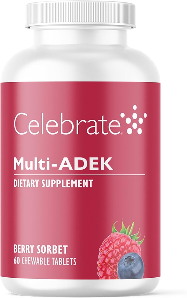 Célébrez les vitamines Multi ADEK Chewables, sans fer - Multivitamine bariatrique quotidienne, haut niveau de vitamines A, D, E, K & B12 pour les patients en chirurgie duodénale - Berry Sorbert (60 comprimés)