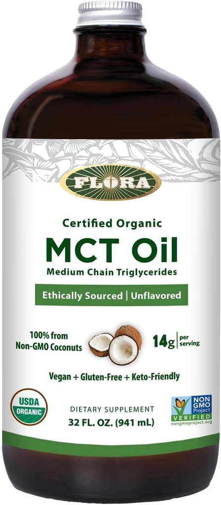 Flora - MCT Oil Certified Organic - Supporte l'énergie musculaire et la santé du cerveau - Contient C8 Caprylic Acid & C10 Capric Acid - Non-OGM, sans gluten, végétalien et céto-friendly - 32 fl. oz. Bouteille en verre