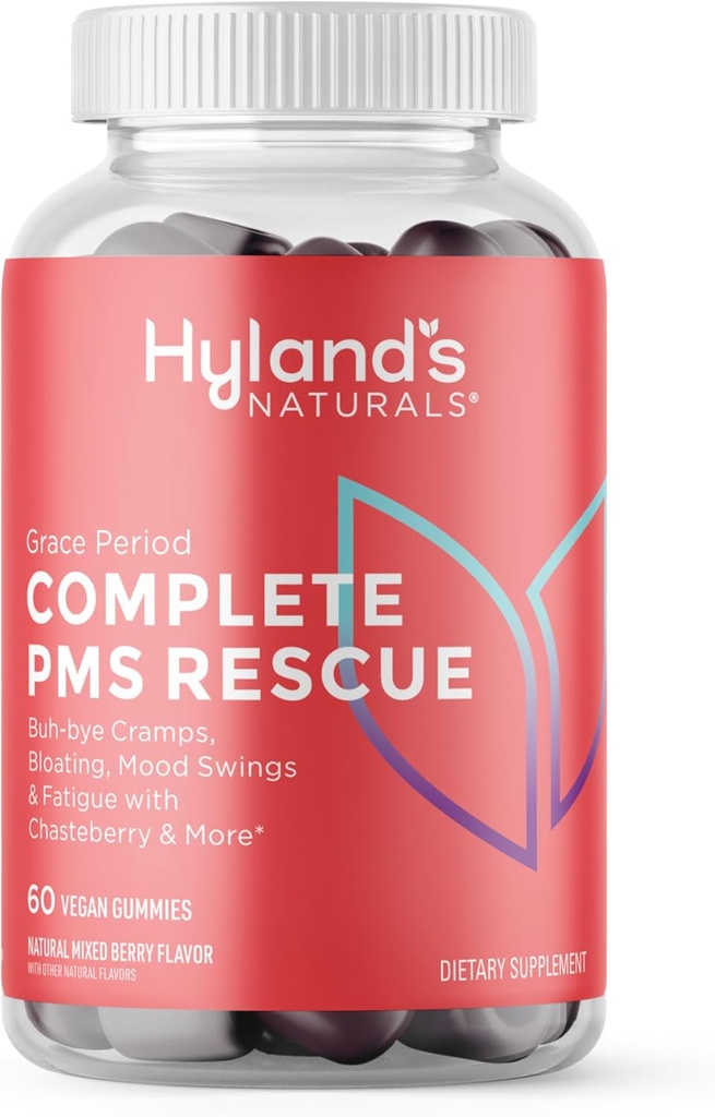 Hyland's Grace Period Complet PMS Rescue, 60 Gommies Vegan avec Chasteberry et Dong Quai pour le soutien menstruel et B6 et B12 pour la formation de globules rouges