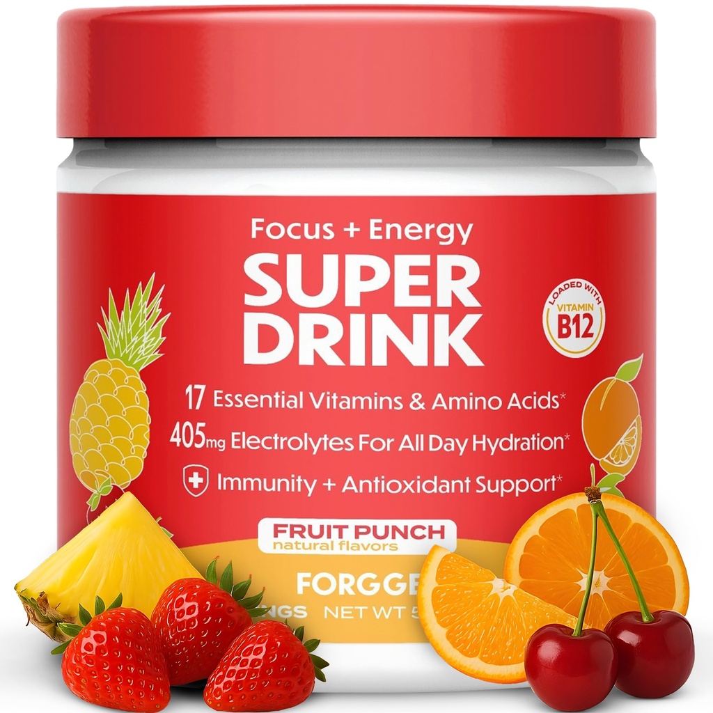 Forgge Healthy Energy Drink Powder Mix - Clean Caféine + B12, B6, C & D Vitamines - Sucre sans boisson énergétique Poudre avec électrolytes, acides aminés, antioxydants, Lions Mane - Vegan, Céto-Amis - 30 SVG, Fruit Punch