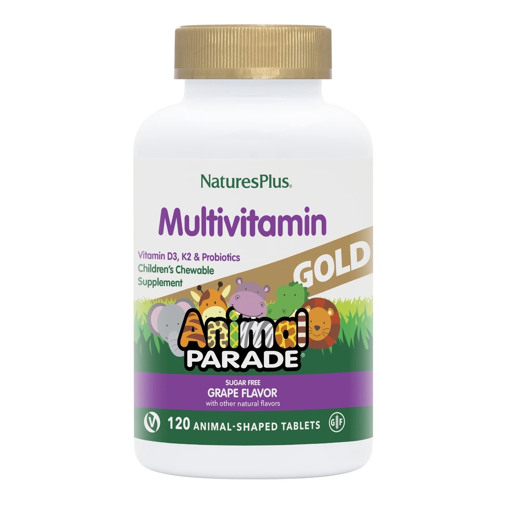 Natures Plus Parade d'or pour animaux Multivitamines pour enfants, arômes de raisin - 120 comprimés en forme d'animal à croquer - végétalien, sans gluten - 60 portions