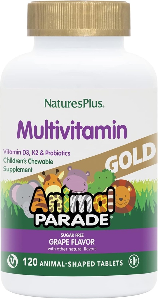 Natures Plus Parade d'or pour animaux Multivitamines pour enfants, arômes de raisin - 120 comprimés en forme d'animal à croquer - végétalien, sans gluten - 60 portions