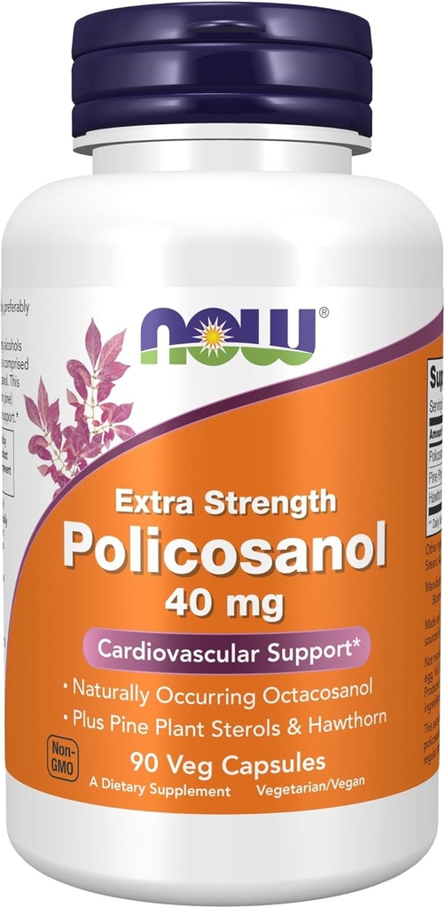 MAINTENANT compléments alimentaires, policosanol 40mg avec stérols de plantes de pin et hawthorn, extra force, 90 capsules de légumes