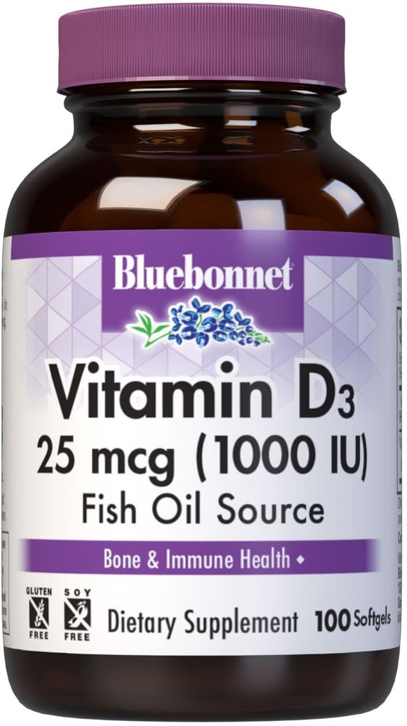 Bluebonnet Nutrition Vitamine D3 1000 UI Softgels, Aide à la croissance musculaire et squelettique, Cholecalciferol de l'huile de poisson, Non OGM, Sans gluten, Sans soja, Sans lait, 100 Softgels