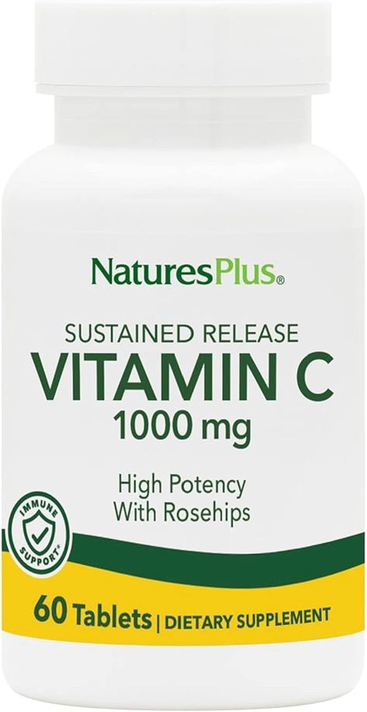 NaturesPlus Libération prolongée 1000 mg de vitamine C - 60 comprimés - avec des hanches de rose - Végétarien, sans gluten - 60 portions
