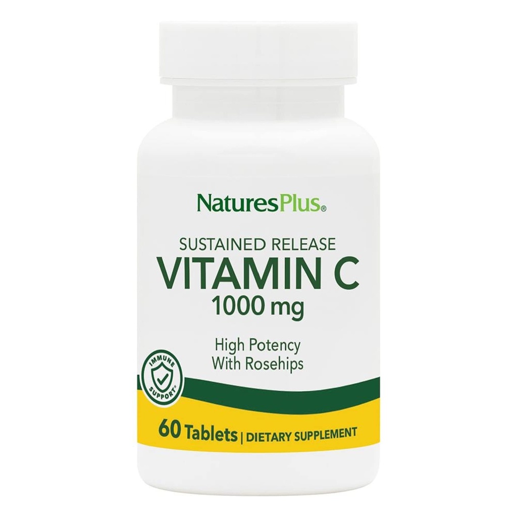 NaturesPlus Libération prolongée 1000 mg de vitamine C - 60 comprimés - avec des hanches de rose - Végétarien, sans gluten - 60 portions