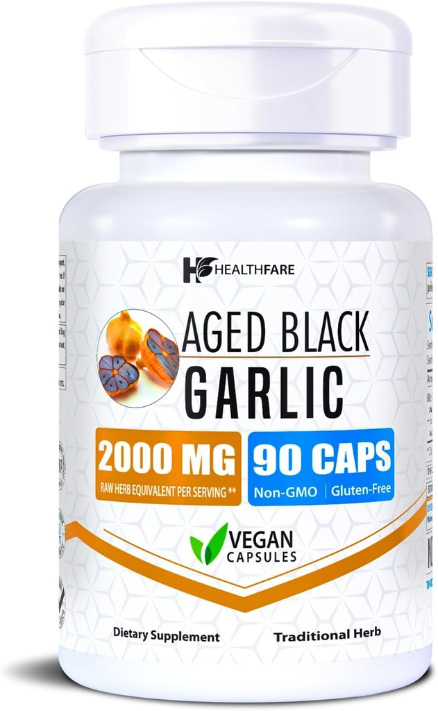 Healthfare Aged Black Garlic Supplement Pills | 2000mg Equivalent | 90 Vegan Capsules | Fermented Odorless Garlic Extract | High Potency Antioxidant Supplement | Non-GMO, Gluten-Free | Made in USA