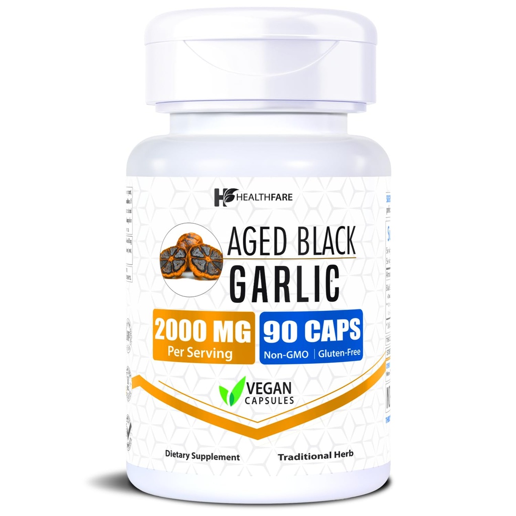 Santé Aged noir supplément d'ail pilules de 2000mg équivalent de 90 capsules végétaliennes extrait d'ail sans odorat fermenté supplément d'antioxydant de haute puissance de 100 mg non-OGM, sans gluten