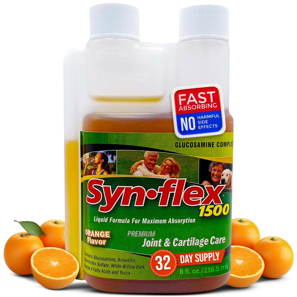 1500mg Glucosamine liquide et Chondroïtine - Formule à absorption rapide à haute concentration Arôme orange aide à soutenir la santé des articulations et du cartilage - avec l'écorce de saule blanc, le manganèse et le boswellin (32 jours d'approvisionnement)