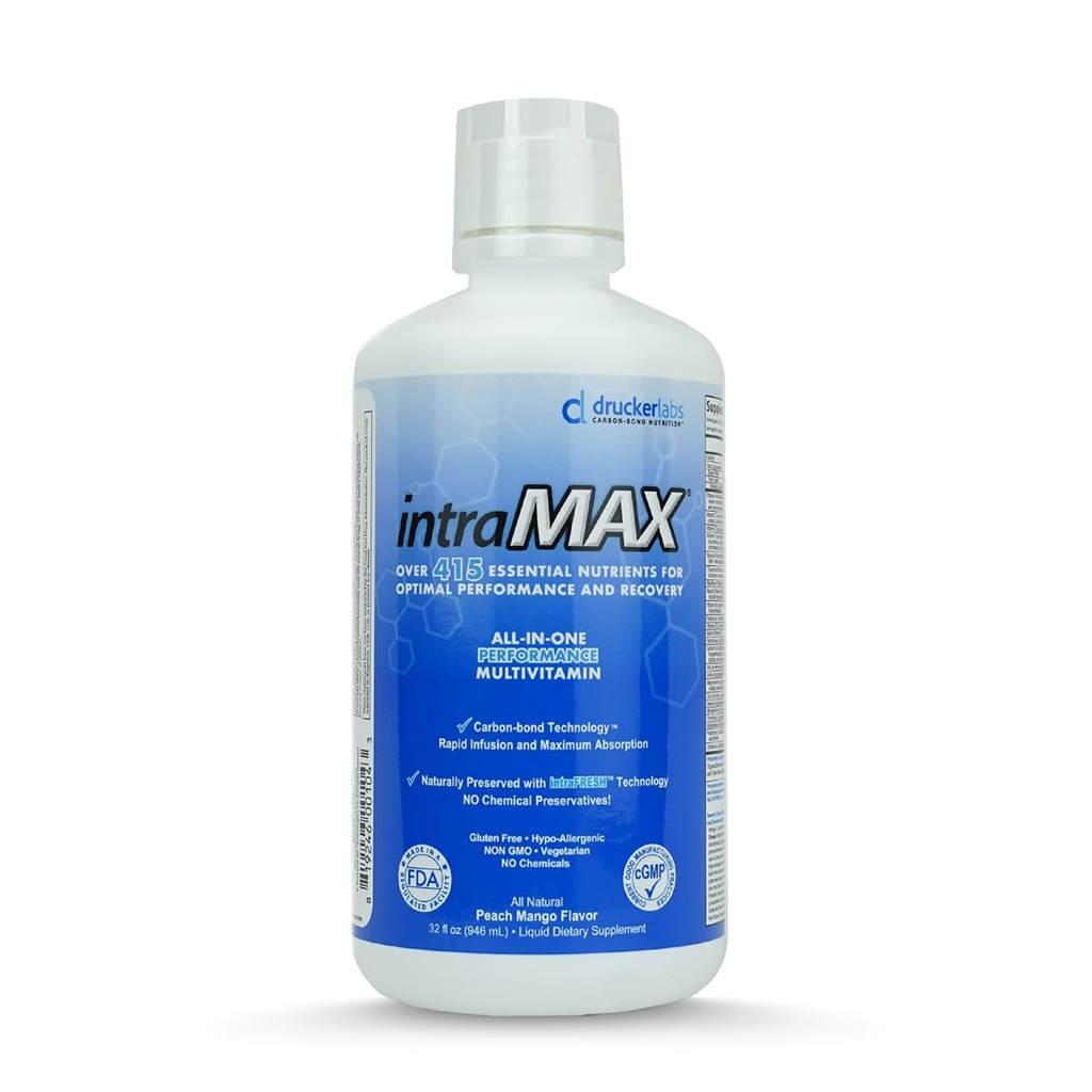 Multivitamines liquides organiques intraMAX, non OGM, sans produits laitiers, sans gluten, magnésium, vitamine D, C et E, zinc (32 oz, mangue de pêche)
