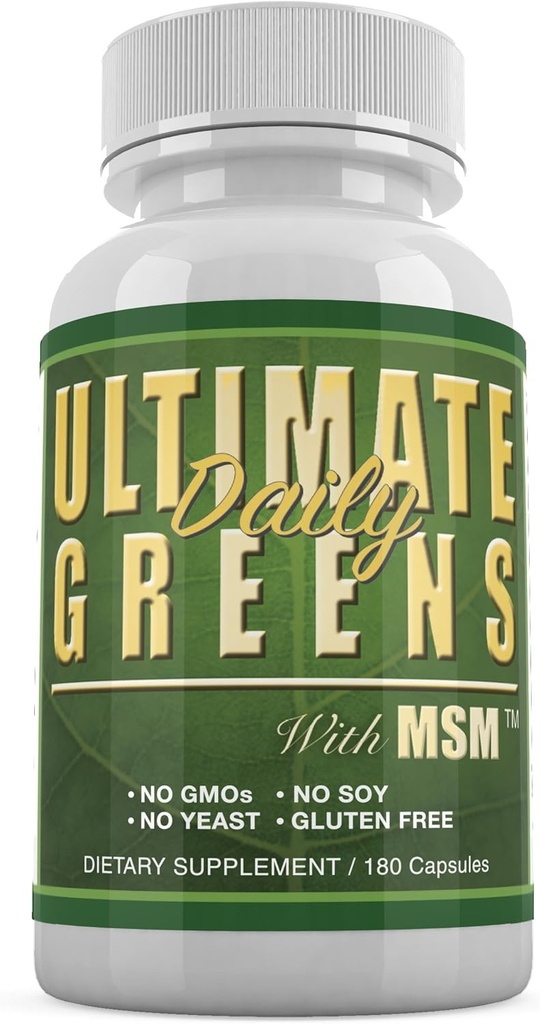 Daily Health, Ultimate Greens with MSM 1925mg Vegan Friendly Natural Ingredients Superfood Légume Alimentaire Alimentaire Alimentaire Imune Supplément de soutien énergétique 180 Capsules (1 mois d'approvisionnement)
