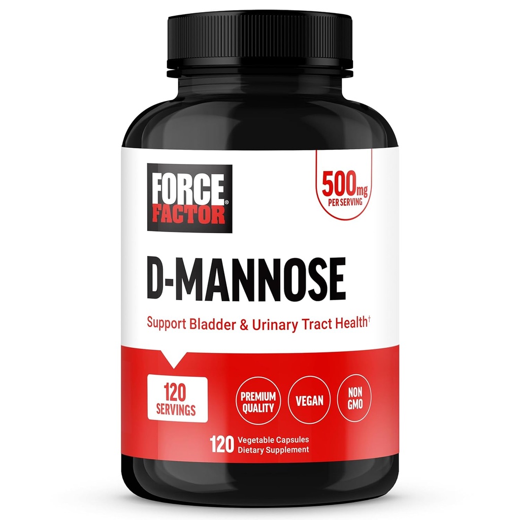 FORCE FACTOR D Mannose, D-Mannose 500mg Supplement to Support Urinary Tract Health for Women and Men, Bladder Control Supplements, Premium Quality, Vegan, Non-GMO, 120 Capsules