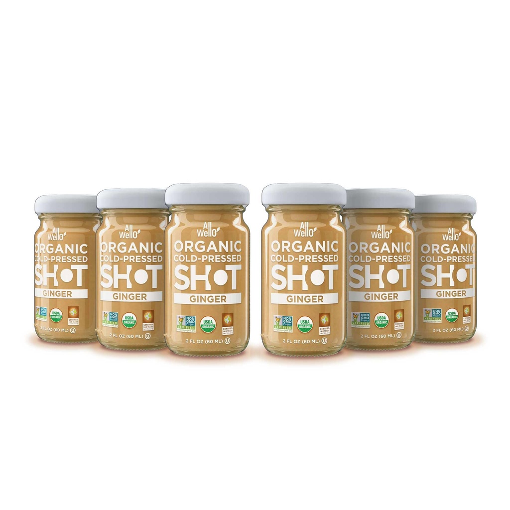 AllWellO Shot Ginger pressé à froid, 60 ml, booster biologique USDA avec naturel (6 pack)