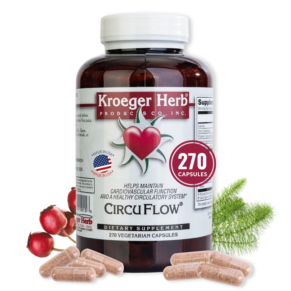 Kroeger Herb Products, Circu Flow, Supplément Hawthorn pour le soutien cardiaque, Supplément de circulation quotidienne, favorise la fonction cardiovasculaire avec Berry Hawthorn, Non-OGM, 270 Capsules, Fabriqué aux États-Unis