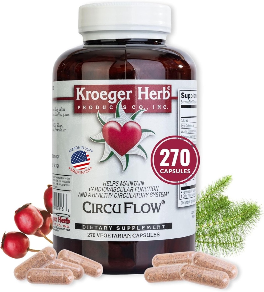 Kroeger Herb Products, Circu Flow, Supplément Hawthorn pour le soutien cardiaque, Supplément de circulation quotidienne, favorise la fonction cardiovasculaire avec Berry Hawthorn, Non-OGM, 270 Capsules, Fabriqué aux États-Unis