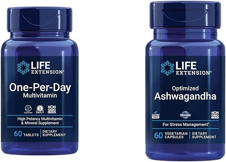 Prolongation de la durée de vie Multivitamine par jour 60 comprimés et Ashwagandha optimisé 60 capsules