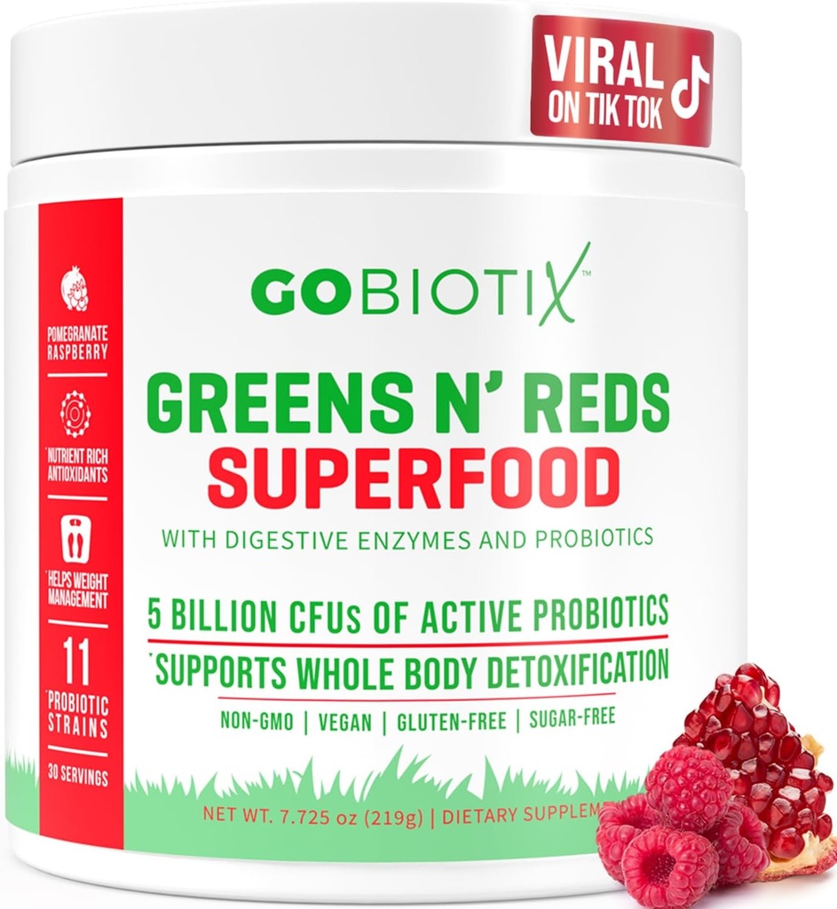 GOBIOTIX Super Greens and Reds Powder - Red and Green Superfood - Probiotic Supplement - Digestive Enzymes and Beet Root Powder - Organic Whole Foods Dietary Supplement (Pom Raspberry, 1 Pack)