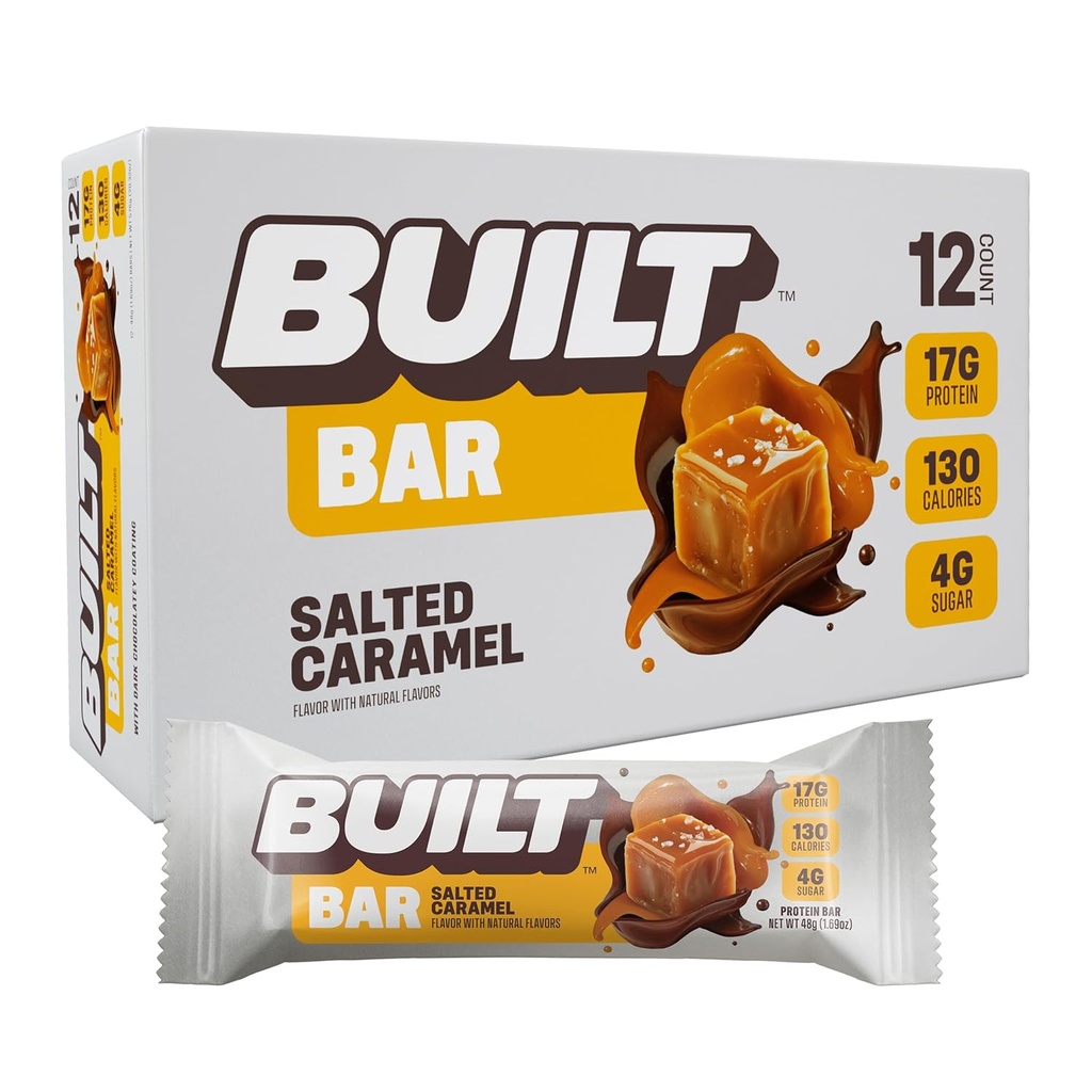 Barre construite, barres protéinées, 17g de collations protéinées, barres en marche avec seulement 130 calories et 4g de sucre, caramel salé, 12 comtes