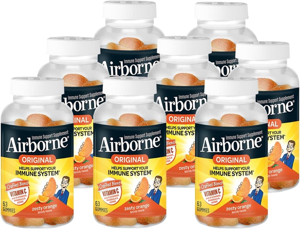 Airborne 750mg Vitamine C Supplément de soutien immunitaire Gommies pour adultes, saveur orange zeste, mélange sans gluten avec des antioxydants puissants Vitamines A C & E, 63 Gommies (8 Pack)