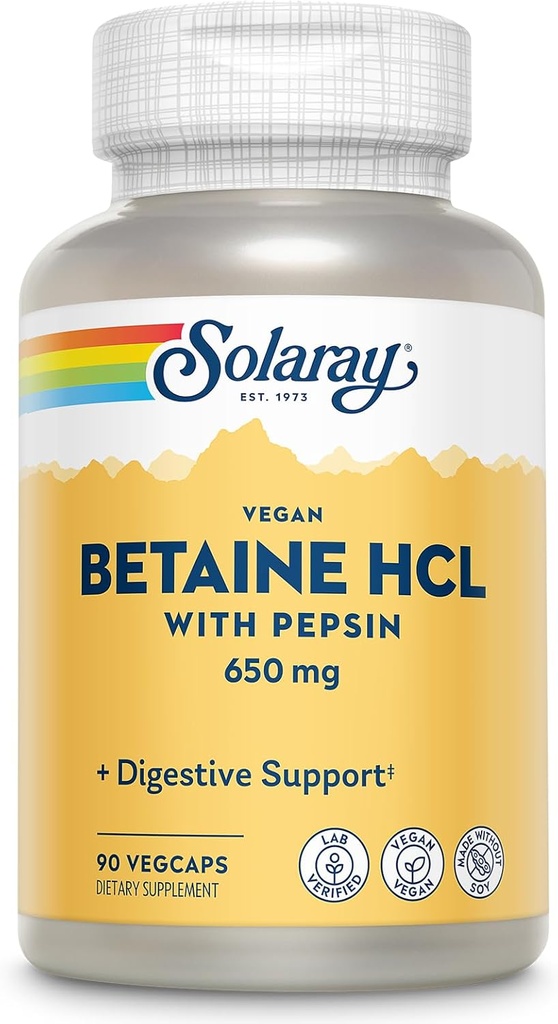 SOLARAY Bétaine végétale HCL avec Pepsin - Supplément acide chlorhydrique pour la santé digestive - avec chlorhydrate de bétaine et enzymes digestives - Gut Health Support - Garantie de 60 jours, 90 VegCaps