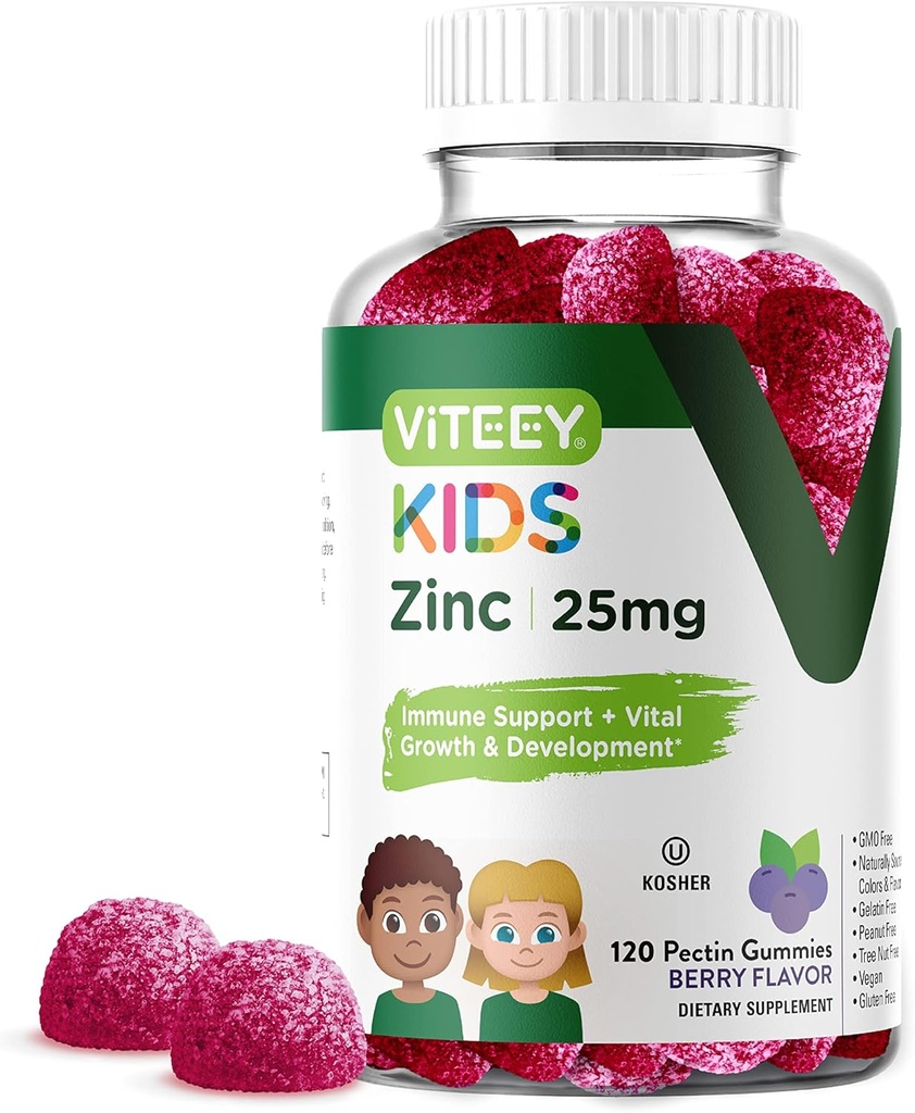 Viteey Zinc pour les enfants Gummies, 25mg - Immune Support pour les enfants et les adolescents - puissant antioxydant naturel, supplément de vitamine de zinc pour enfants - végétalien, sans gélatine, sans gluten - goût de baies à croquer