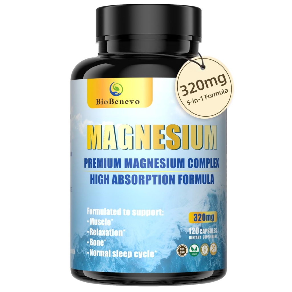 5-en-1 Magnésium complexe de 320mg de magnésium glycinate, malate, citrate...