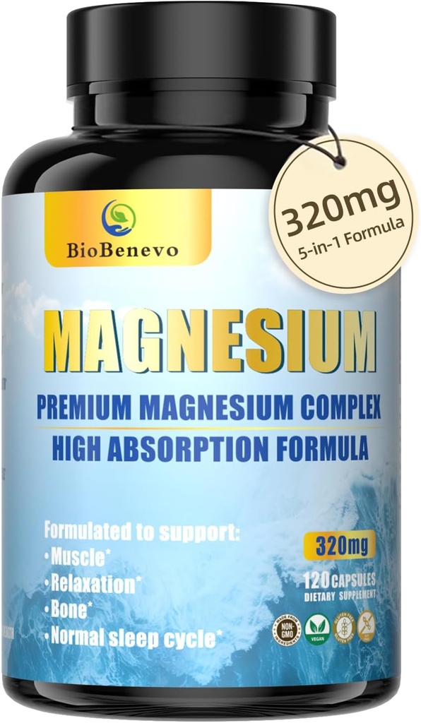 5-en-1 Magnésium complexe de 320mg de magnésium glycinate, malate, citrate...