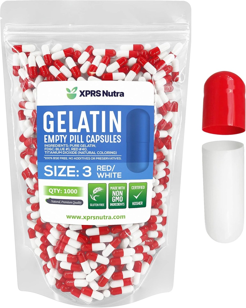 XPRS Nutra Taille 3 Capsules vides - 1000 Compte Capsules de gélatine vides - Pills Bricolage Capsule Remplissage - Gel Pure de Pilule de Bovine Caps remplis pour Do-It-Youlf Vitamines et Suppléments (Rouge/Blanc)