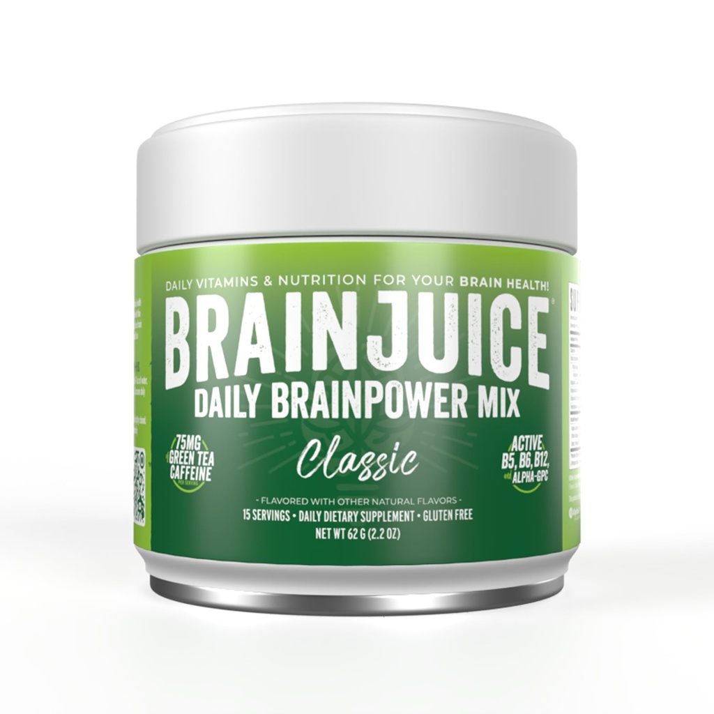 BrainJuice Nootropics Supplément de soutien au cerveau, Poudre sans gluten pour l'énergie et le focus, Mélange de boisson avec L Theanine, Alpha GPC, Vitamine B, Extrait de thé vert biologique caféine, classique, 15 portions