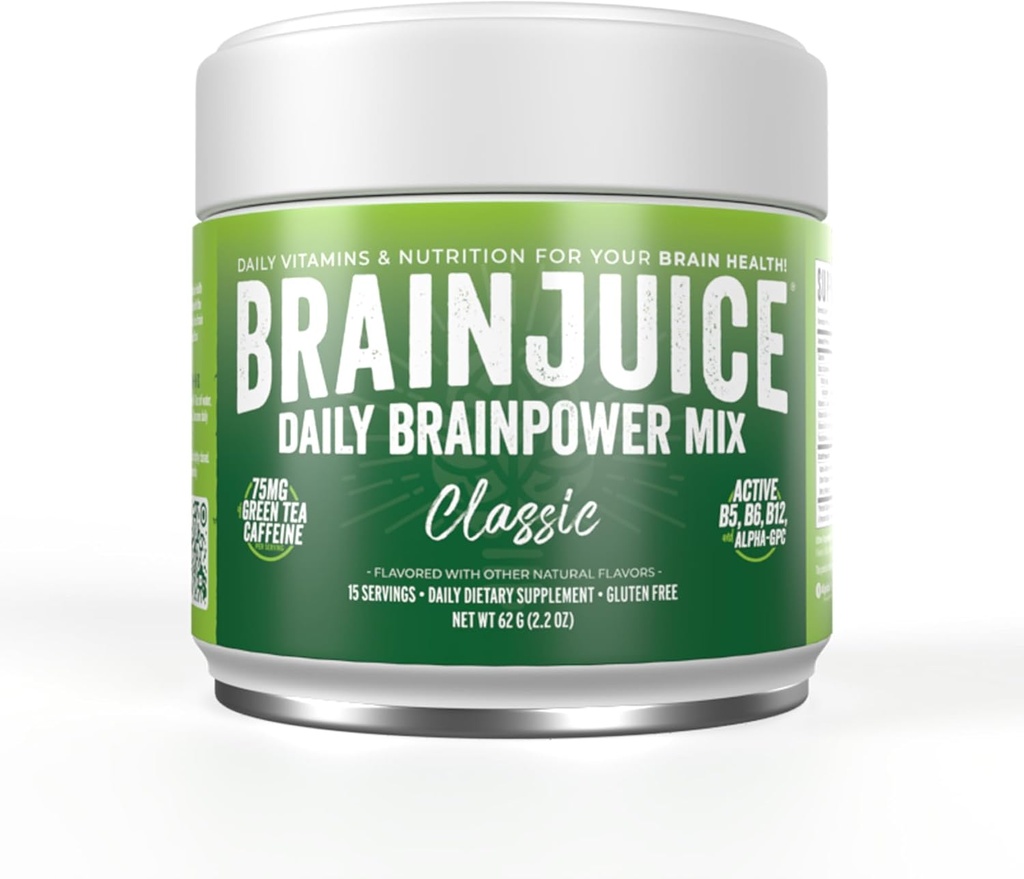 BrainJuice Nootropics Supplément de soutien au cerveau, Poudre sans gluten pour l'énergie et le focus, Mélange de boisson avec L Theanine, Alpha GPC, Vitamine B, Extrait de thé vert biologique caféine, classique, 15 portions