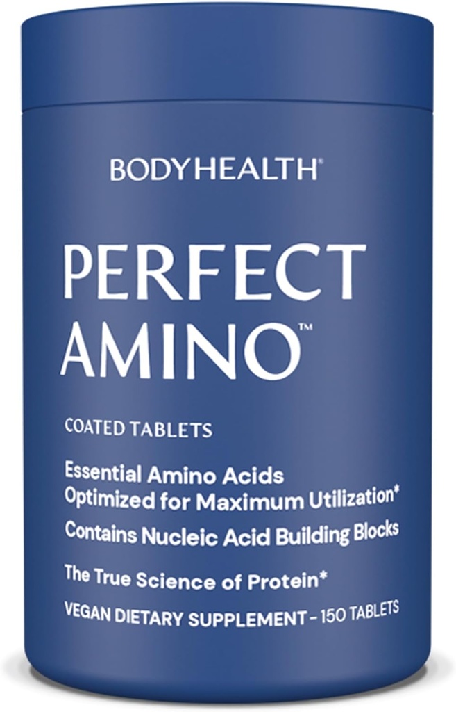 BodyHealth PerfectAmino (150 ct) Comprimés faciles à avaler, Supplément d'acides aminés essentiels avec BCAA, Protéine végétalienne pour pré/post entraînement et récupération musculaire avec Lysine, Tryptophane, Leucine, méthionine