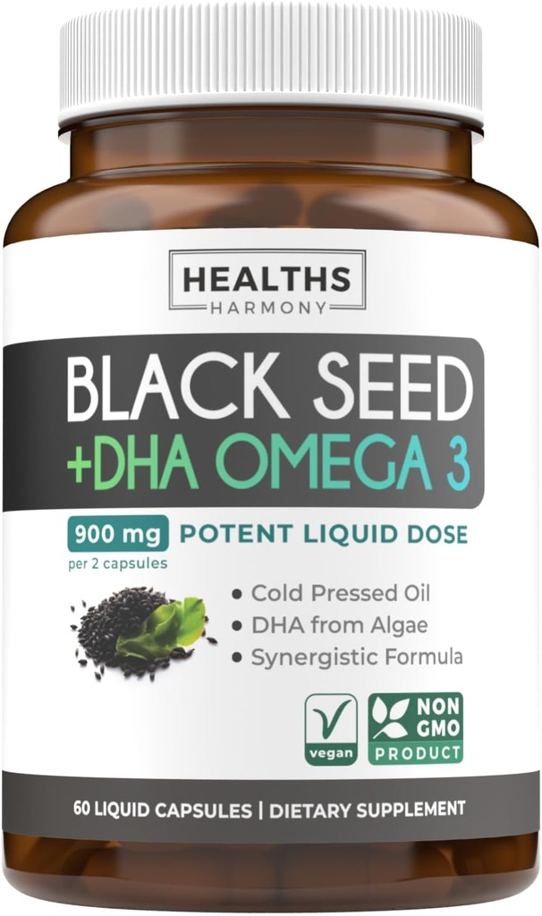 Capsules d'huile de graines noires pressées à froid - supplément d'huile de graines noires de Nigella Sativa non OGM végétalien avec Omega 3 DHA pour le mieux-être complet du corps et le soutien du cerveau - Omega 3 végétalien et Thymoquinone-Rich (1 mois)