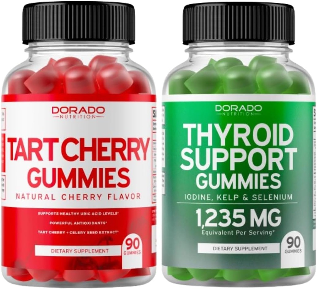Tart Cherry (90 Gummies) Uric Acid Level Support for Adults - puissant antioxydant avec graines de céleri et support thyroïde (90 Gummies) Ashwaganda & Bladderwrack Support Supplément - Vegan & Made in USA