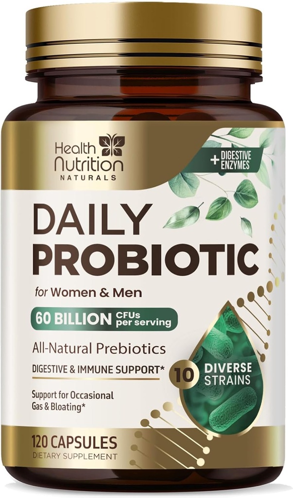 Probiotiques 60 milliards CFU + 10 souches - Mélange probiotique quotidien de lactobacillus pour le soutien immunitaire, digestif et gustatif, prébiotiques et probiotiques, gaz et ballonnement pour les femmes et les hommes - 120 capsules