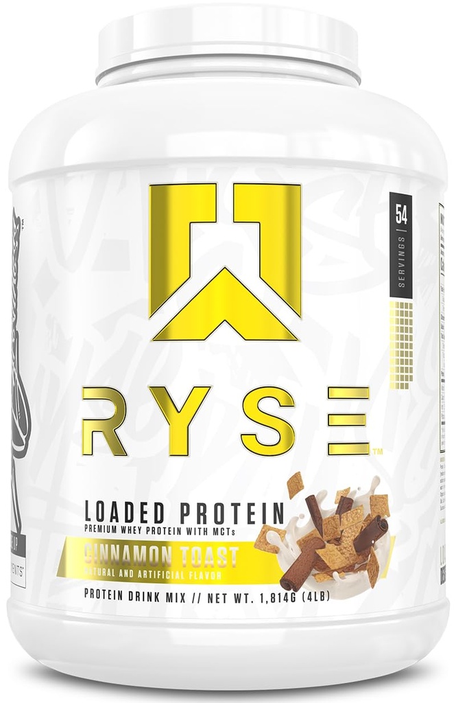 Poudre de protéines chargées de RYSE - Toast à la cannelle - 25g Protéine de lactosérum isolate et concentré avec fibre prébiotique et MCT - faible teneur en glucides, faible teneur en sucre, amis digestifs - 54 portions / 4 lb Tub