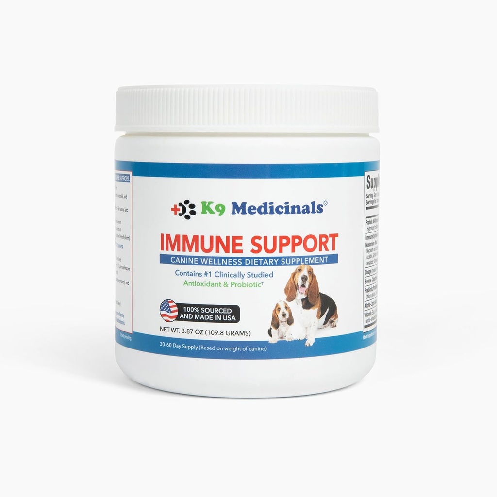 K9 Médicaments quotidiens de soutien immunitaire des chiens Mélange de champignons - Probiotiques et poudre de protéines antioxydantes - Santé des gourdes et santé digestive - Chaga, acide alpha lipoïque et colostrum de la viande bovine - Arôme de boeuf, 4oz