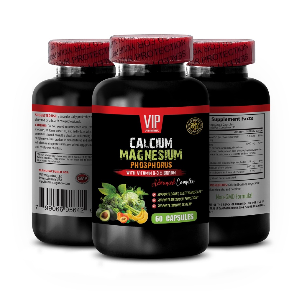 Supplément Calcium - Calcium Magnésium Phosphore avec Vitamine D-3 et Boron - Vitamines Femmes Immmune Support avec Calcium, Supplément Calcium avec Vitamine d, Calcium Magnésium Potassium 1 Bot 60 Caps