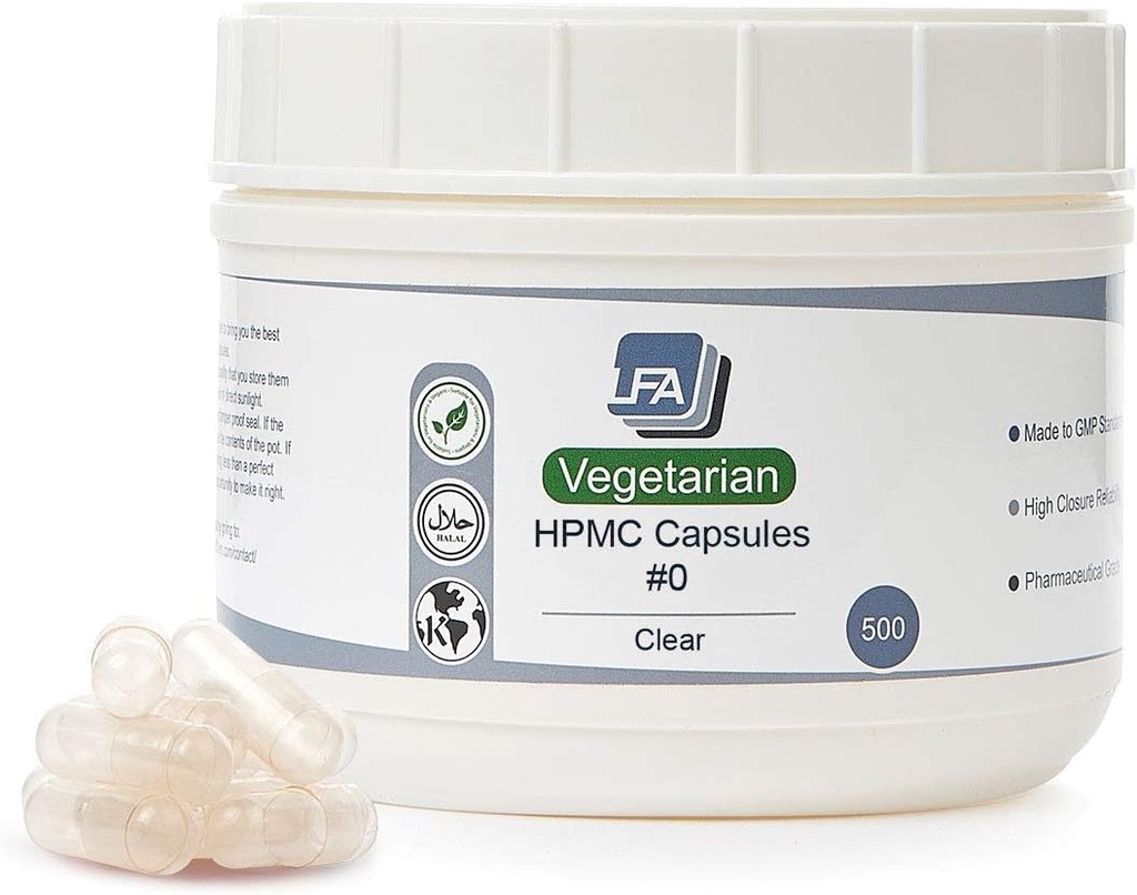Taille 0 Capsules vides - Végétalienne HPMC - 500 Capsules végétariennes de dénombrement Vide - Remplir de façon jumelée 0 Capsules de pilules végétales - Veggie Caps pour le bac de remplissage des capsules - Hypromellose halal casher