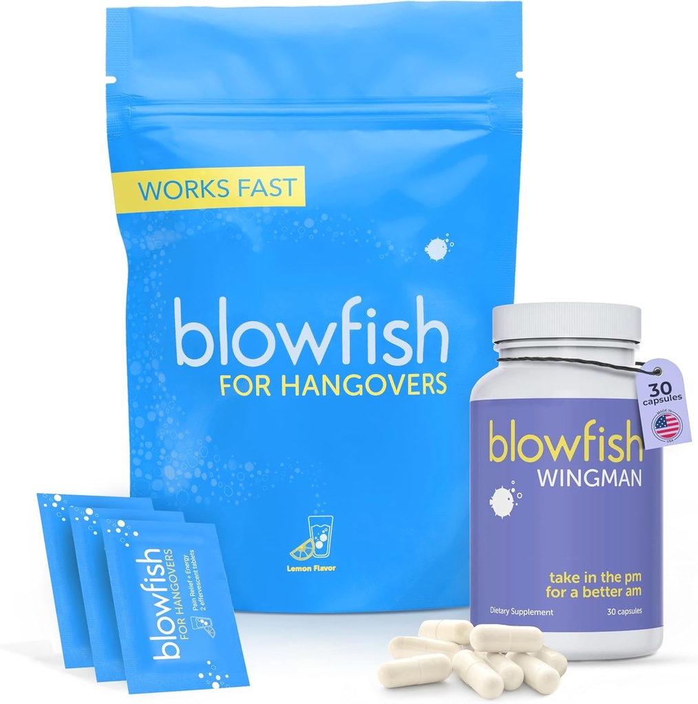Wingman Blowfish pour les gueules de bois – Le système ultime de lutte contre la gueule de bois de nuit + jour. Plongée avec 30 capsules Wingman et 20 comprimés EFFERVESCENT